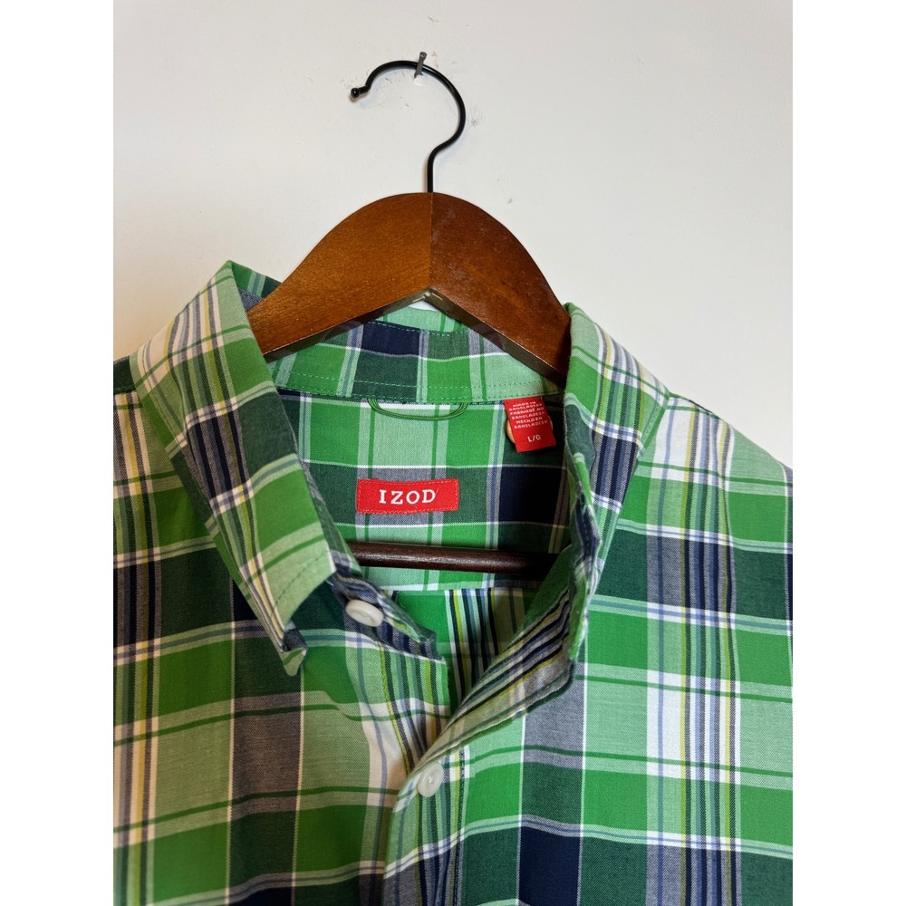 IZOD Mens Large Green Plaid Long Sleeve Button Down Shirt Casual Cotton Blend L